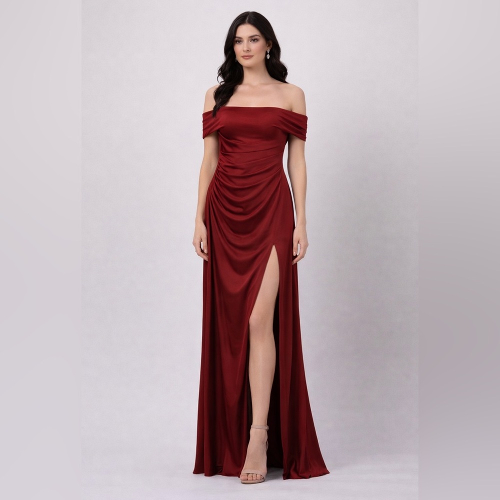 OYS Red Off Shoulder Prom Gown Formal Evening Dress High Slit Elegant Glam Large
